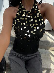 Siren Gaze Women's Halter Neck U-Back Sequin Fitted Fashion Camisole Winter Chic Black Casual Spring