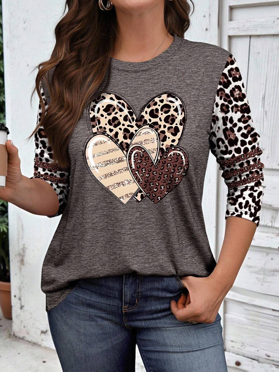 Ženska bluza plus size sa printom srca, okruglim izrezom i dugim rukavima