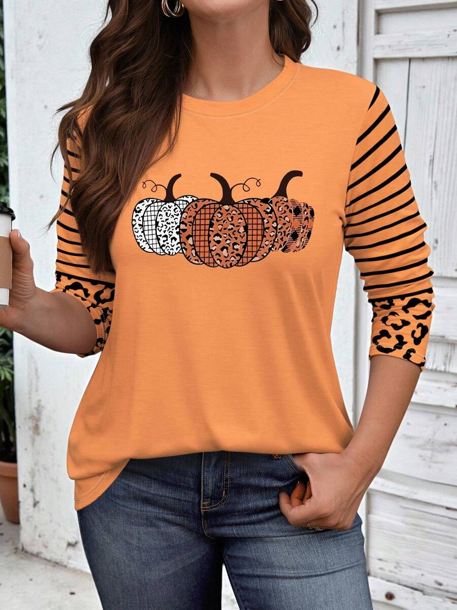 Ženska bluza plus size sa printom srca, okruglim izrezom i dugim rukavima