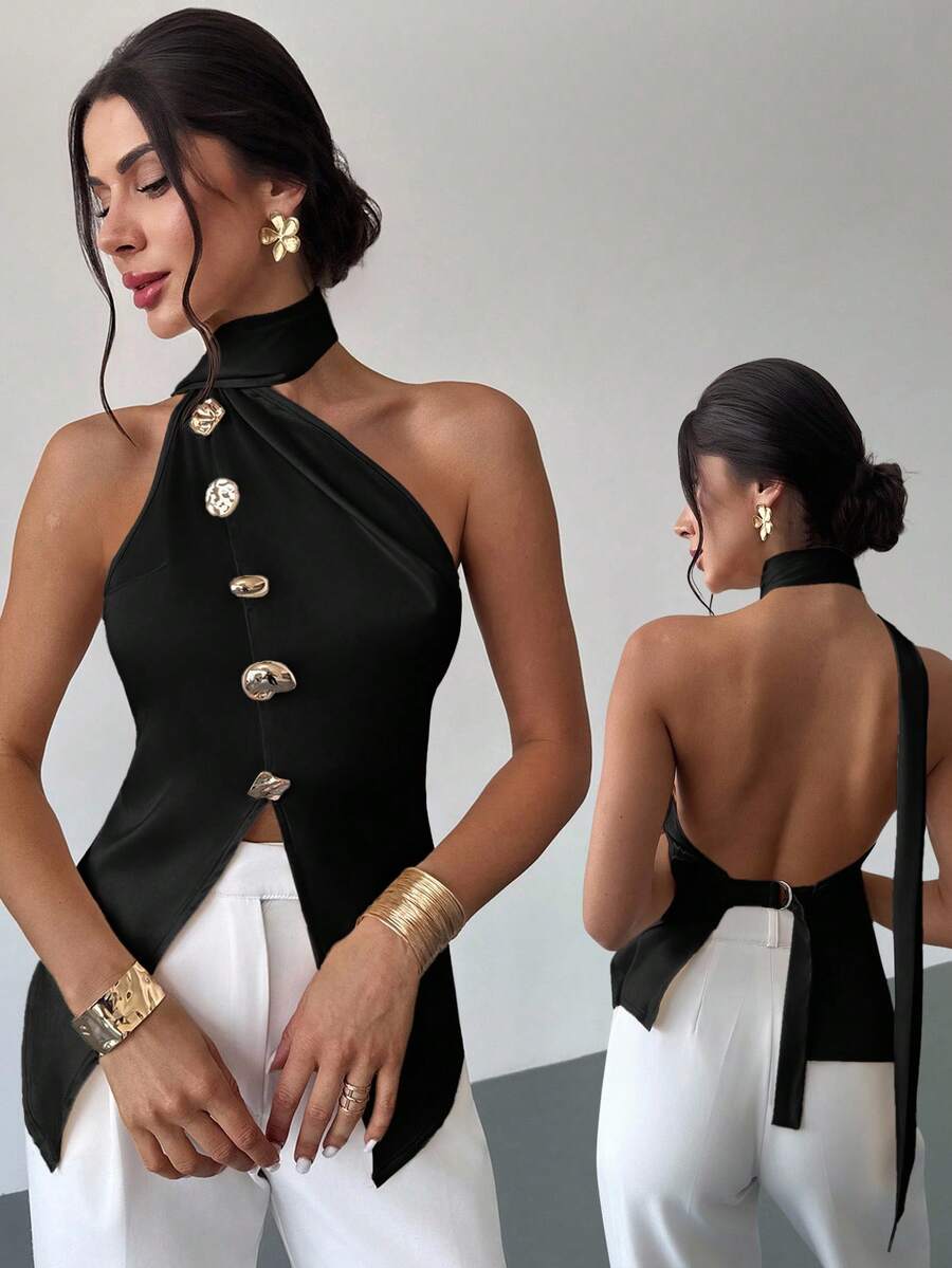Firerie Ladies Elegant Asymmetric Metal Button Imitation Silk Satin Top