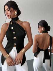 Firerie Ladies Elegant Asymmetric Metal Button Imitation Silk Satin Top