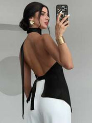Firerie Ladies Elegant Asymmetric Metal Button Imitation Silk Satin Top