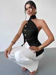 Firerie Ladies Elegant Asymmetric Metal Button Imitation Silk Satin Top