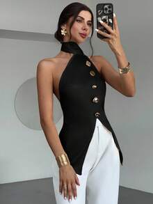 Firerie Ladies Elegant Asymmetric Metal Button Imitation Silk Satin Top