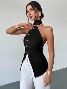 Firerie Ladies Elegant Asymmetric Metal Button Imitation Silk Satin Top