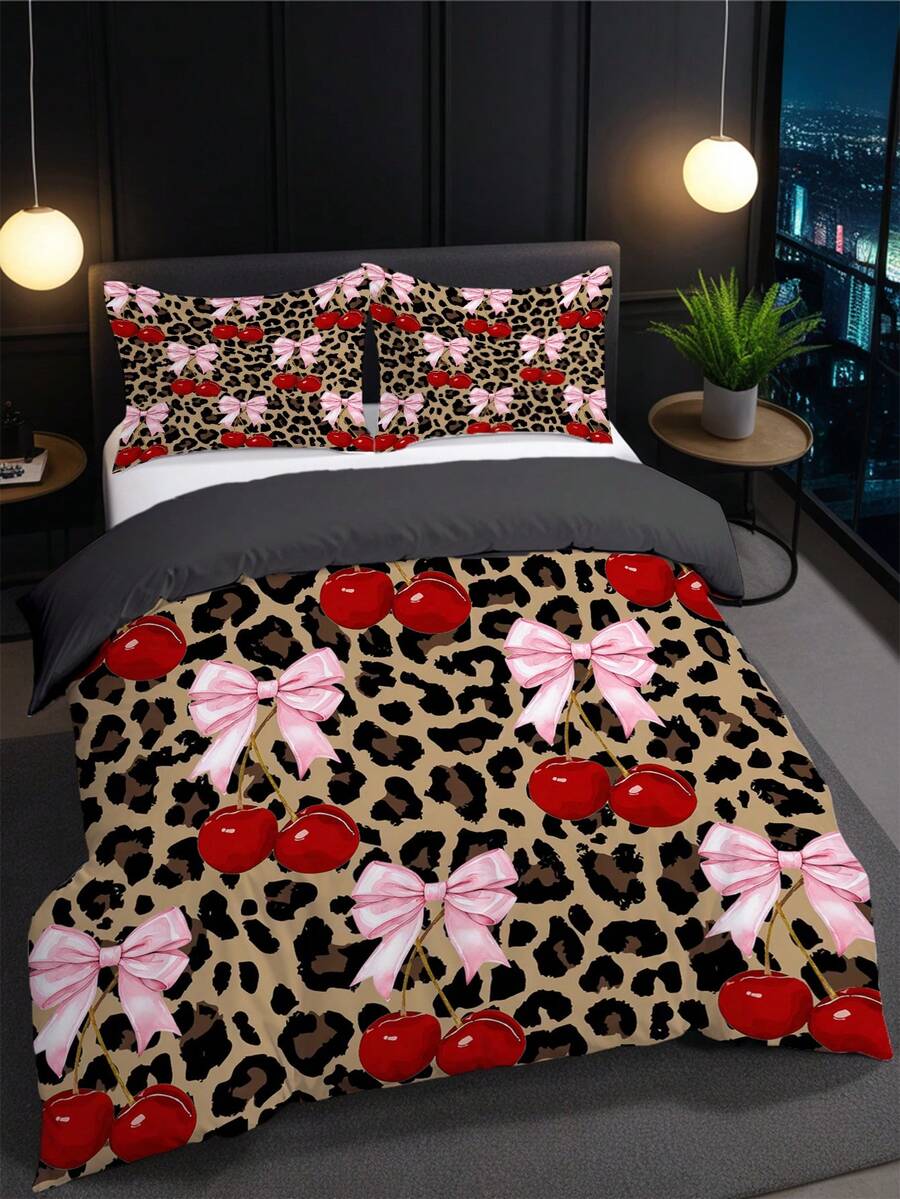 Set posteljine sa leopard printom i mašnom, 3 komada (1 navlaka za jorgan + 2 jastučnice, jorgan nije uključen)