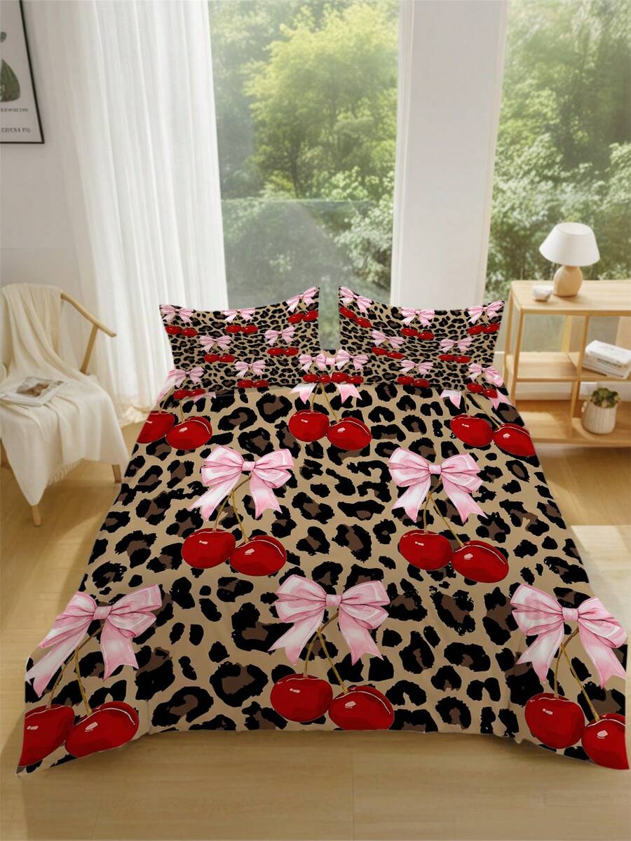 Set posteljine sa leopard printom i mašnom, 3 komada (1 navlaka za jorgan + 2 jastučnice, jorgan nije uključen)
