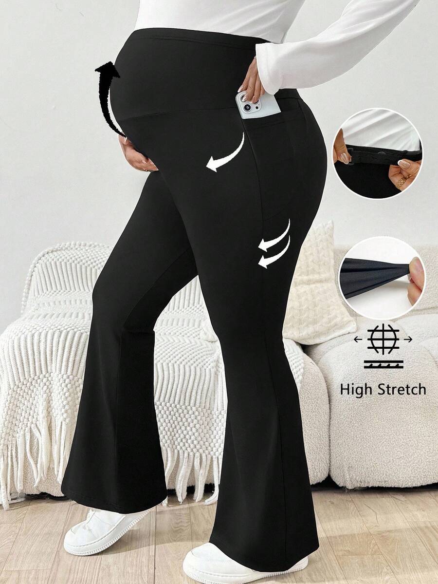 Trudničke raširene pantalone plus size jednobojne sa podesivim strukom i džepovima