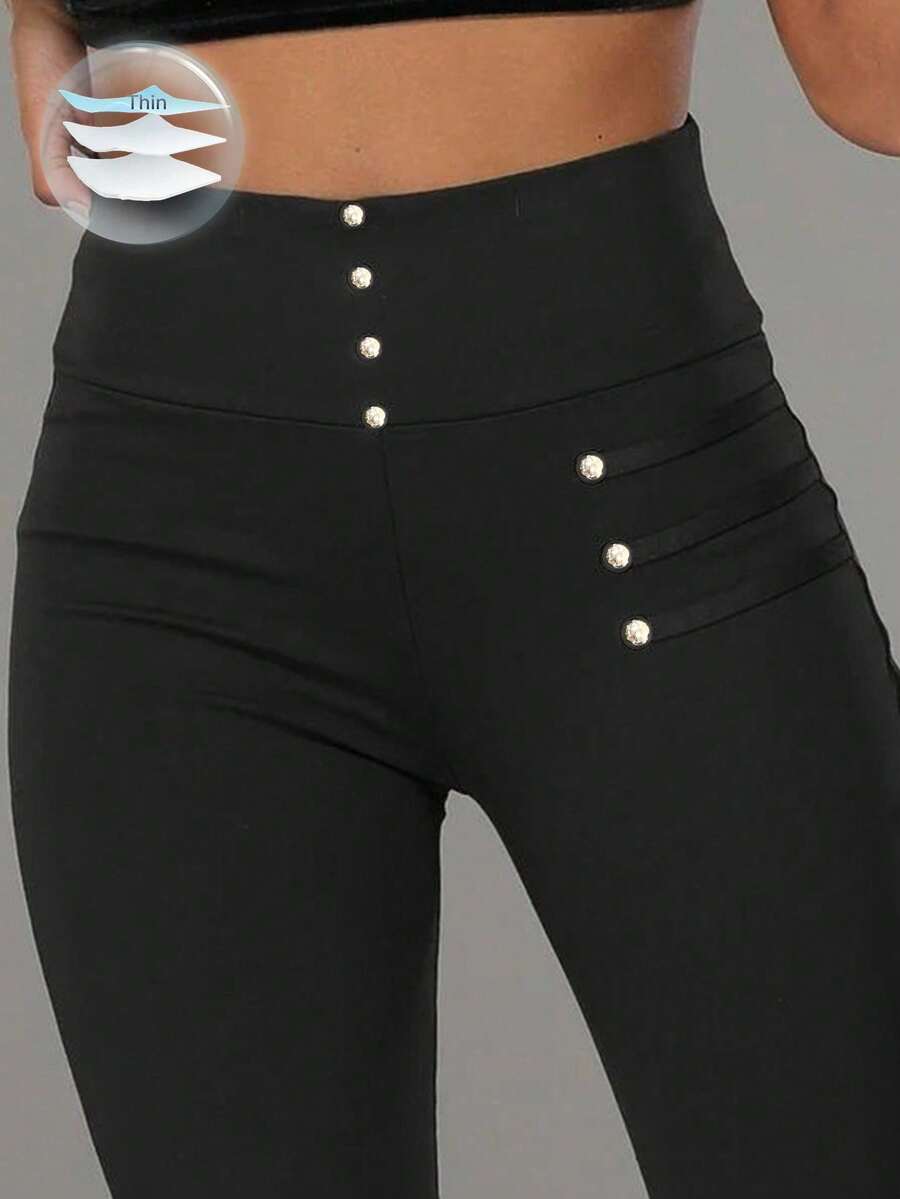 Ležerne uske pantalone sa visokim strukom i metalnom kopčom, jesenja tkanina za žene
