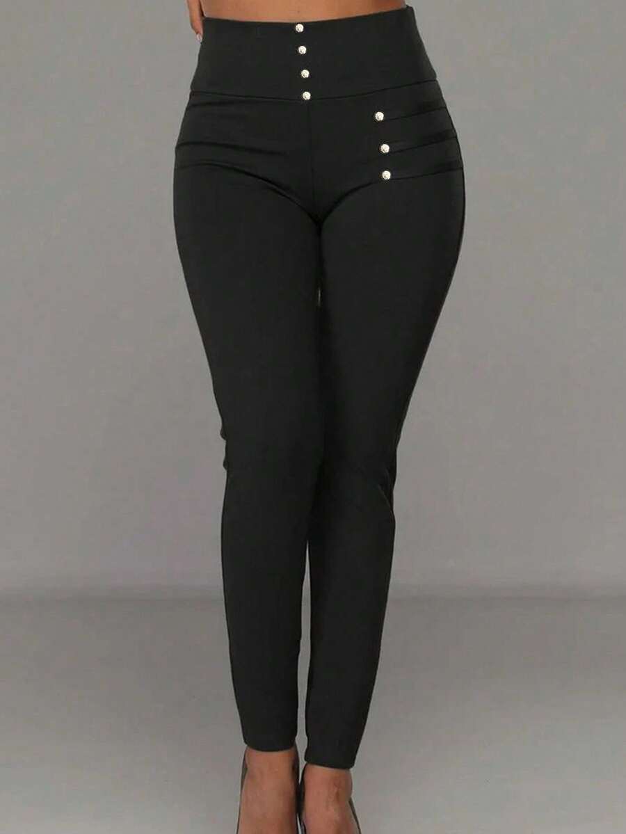 Ležerne uske pantalone sa visokim strukom i metalnom kopčom, jesenja tkanina za žene