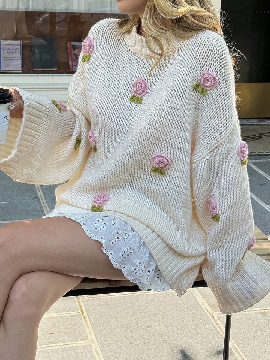 Ležerni slatki džemper za jesen, sa vezom 3D cvetnim motivom