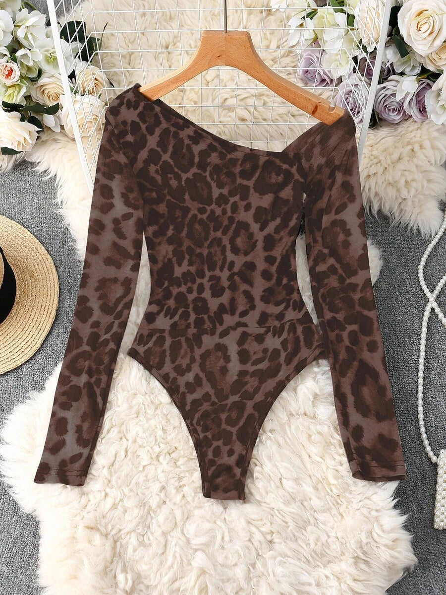 Ženski modni providni mrežasti body sa leopard printom