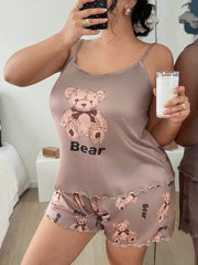 Pidžama set plus size sa slatkim printom medvedića, top i šorts
