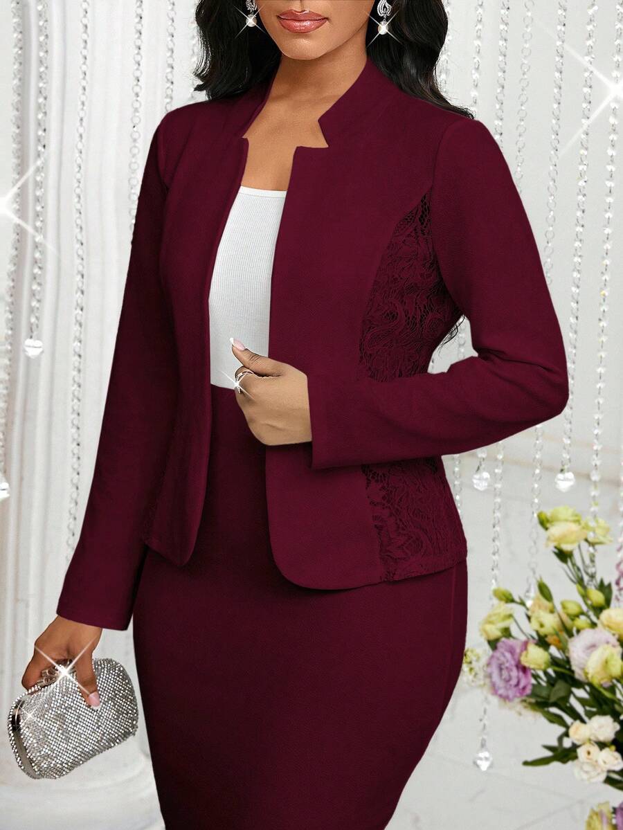 Ženski elegantni poslovno-ležerni komplet za posao u jednoj boji sa čipkastim detaljima