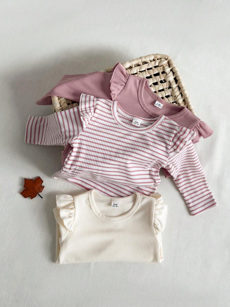 3 kom/set dečijih majica za devojčice, roze i bela prugasta, jesenja, slatka
