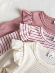 3 kom/set dečijih majica za devojčice, roze i bela prugasta, jesenja, slatka