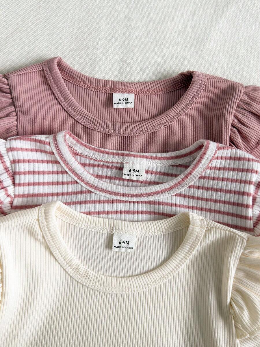 3 kom/set dečijih majica za devojčice, roze i bela prugasta, jesenja, slatka