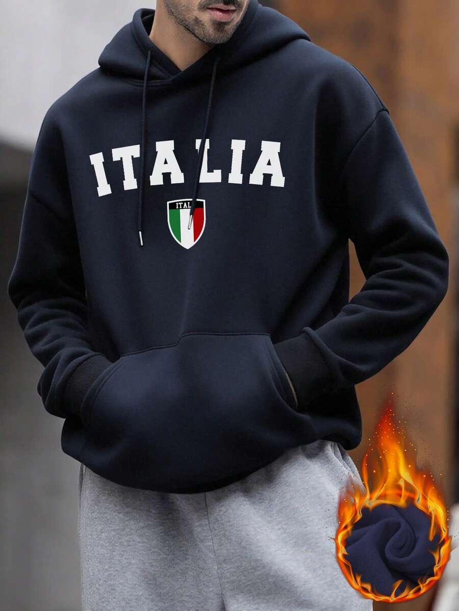 Muška dukserica sa kapuljačom širokog kroja i kengur džepom, italijanski stil, jesen/zima