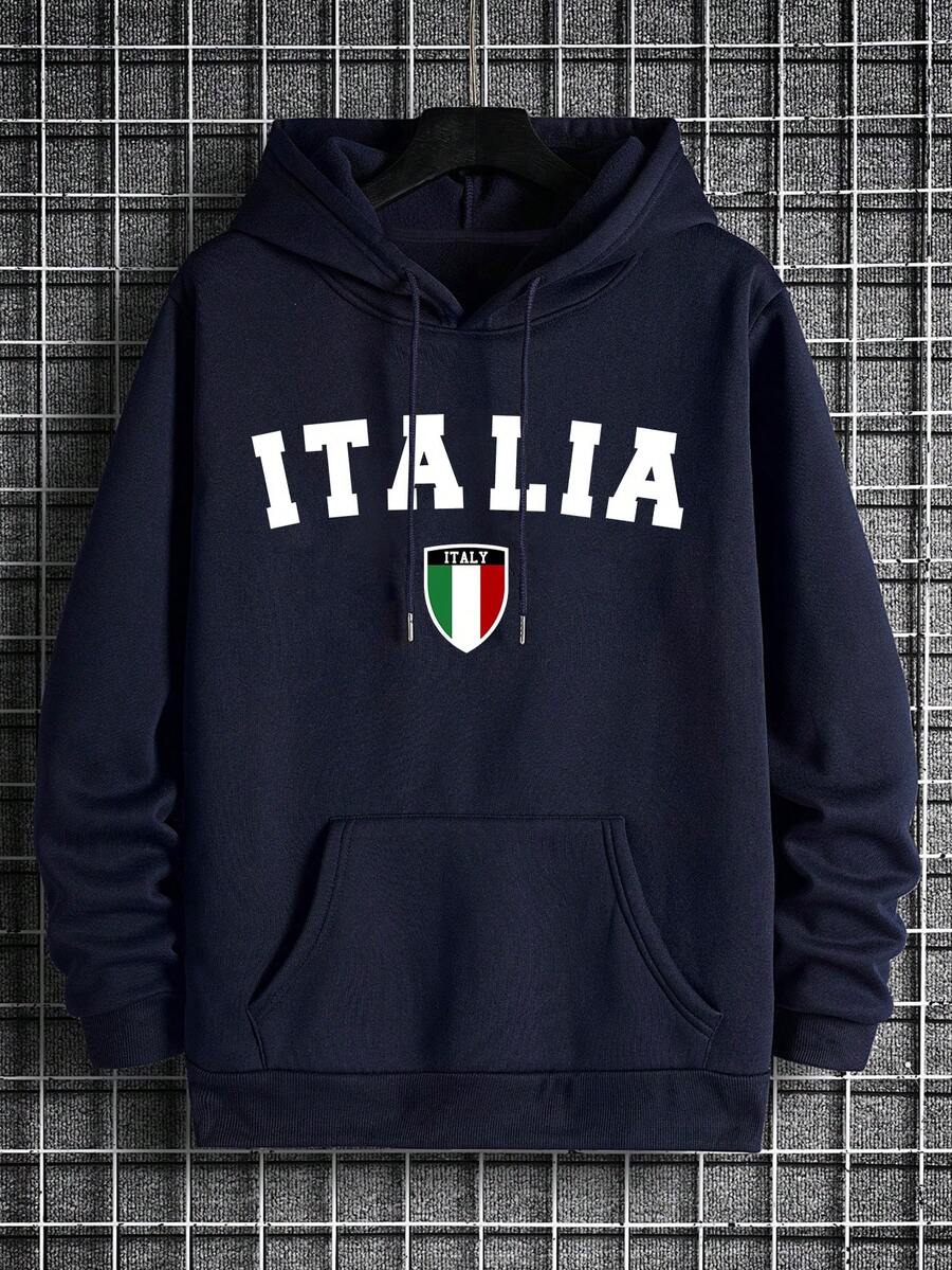 Muška dukserica sa kapuljačom širokog kroja i kengur džepom, italijanski stil, jesen/zima