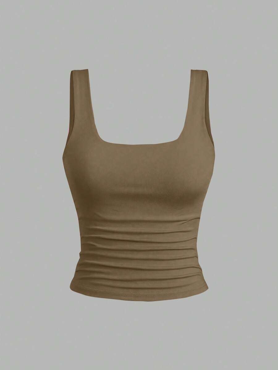 Sweetra Ženska Letnja Majica – Kvadratni Izrez, Nabran Slim Fit Casual Top