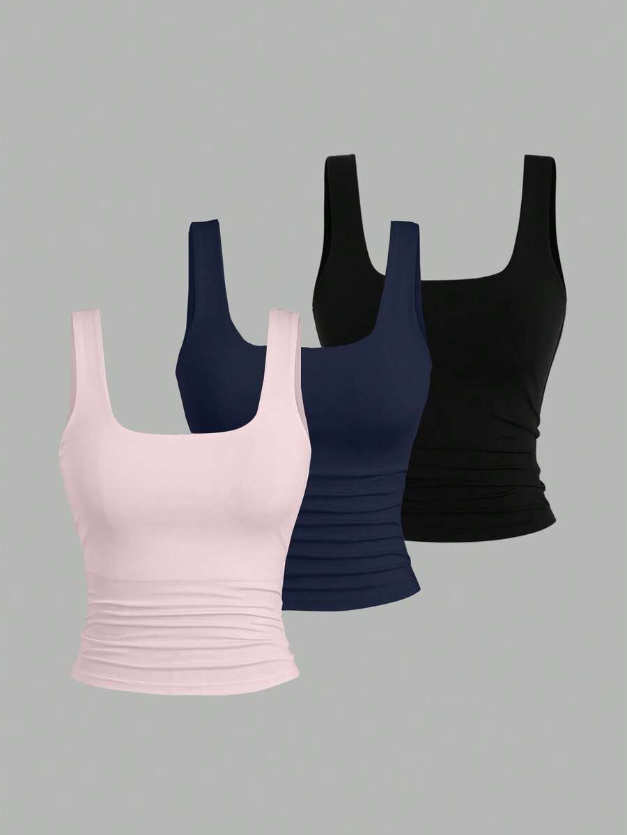 Sweetra Ženska Letnja Majica – Kvadratni Izrez, Nabran Slim Fit Casual Top