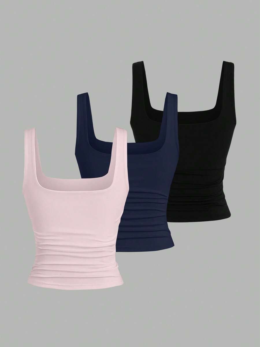 Sweetra Ženska Letnja Majica – Kvadratni Izrez, Nabran Slim Fit Casual Top