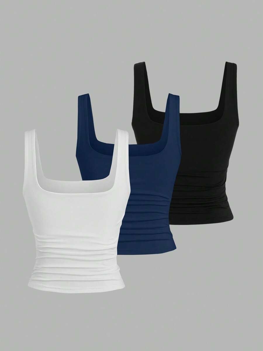 Sweetra Ženska Letnja Majica – Kvadratni Izrez, Nabran Slim Fit Casual Top