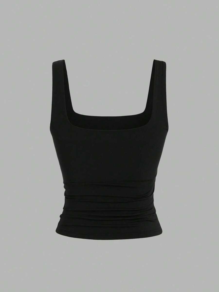 Sweetra Ženska Letnja Majica – Kvadratni Izrez, Nabran Slim Fit Casual Top