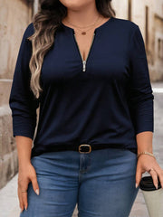 Bluza plus size, širokog kroja, sa polu-ziperom, okruglim izrezom i dugim rukavima