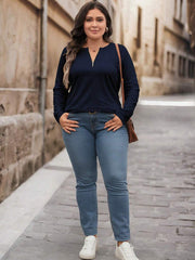 Bluza plus size, širokog kroja, sa polu-ziperom, okruglim izrezom i dugim rukavima
