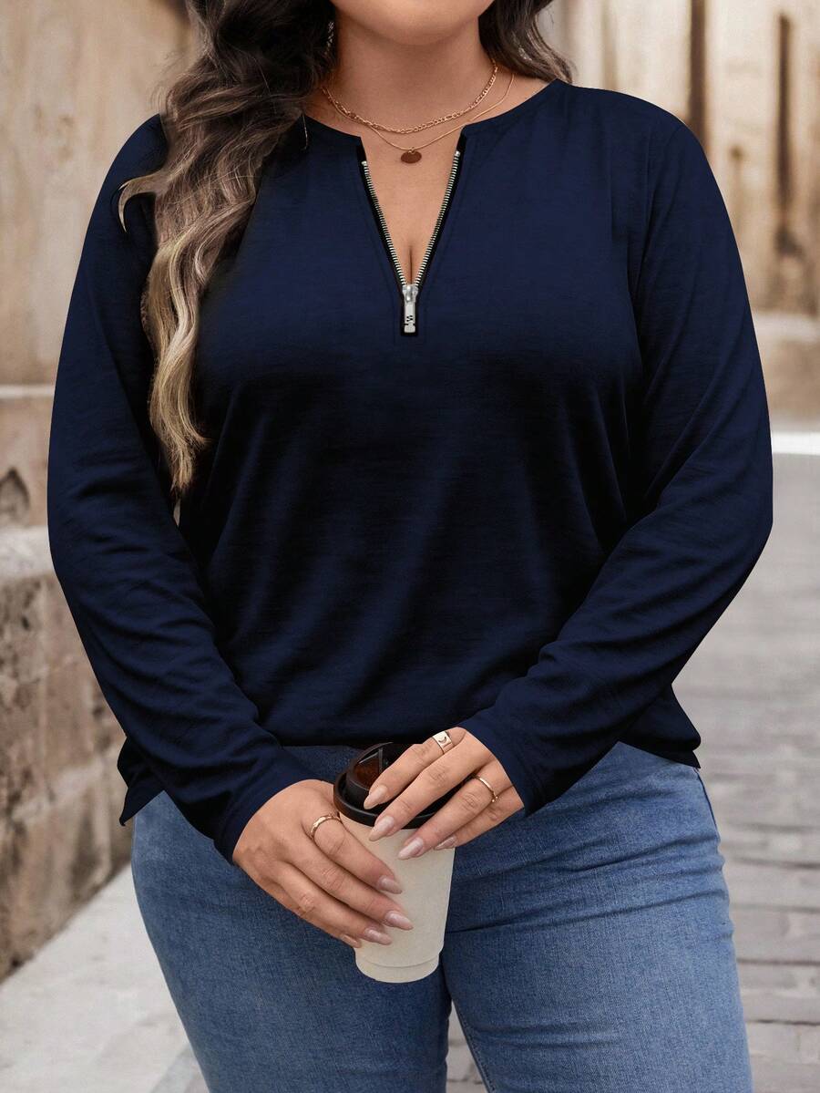 Bluza plus size, širokog kroja, sa polu-ziperom, okruglim izrezom i dugim rukavima