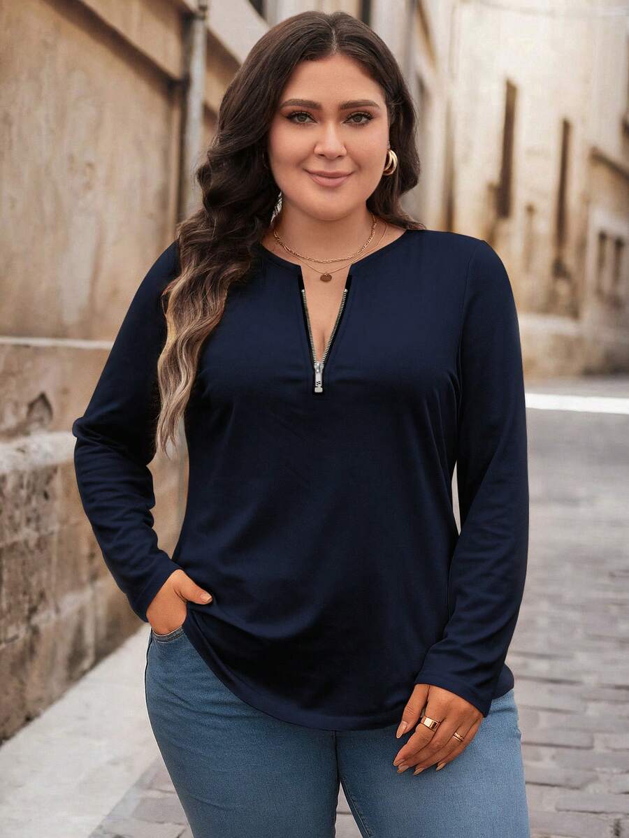 Bluza plus size, širokog kroja, sa polu-ziperom, okruglim izrezom i dugim rukavima
