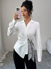 Selianne Women Paisley Pattern Knot Side Long Sleeve Asymmetrical Blouse