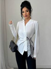 Selianne Women Paisley Pattern Knot Side Long Sleeve Asymmetrical Blouse