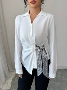 Selianne Women Paisley Pattern Knot Side Long Sleeve Asymmetrical Blouse