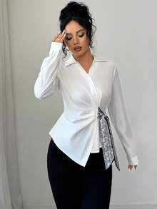 Selianne Women Paisley Pattern Knot Side Long Sleeve Asymmetrical Blouse