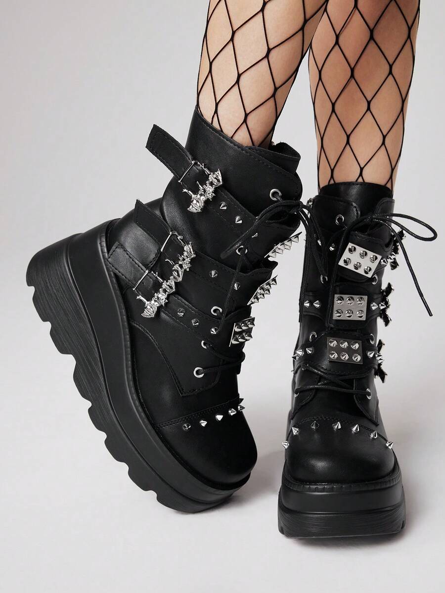 ROMWE Grunge Punk Ženske čizme u pank stilu, tamne PU platforme