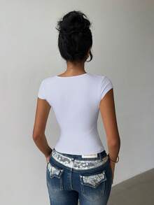INAWLY Women's Summer Solid Color Contrast Lace Fitted Cropped T-Shirt