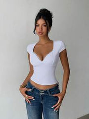 INAWLY Women's Summer Solid Color Contrast Lace Fitted Cropped T-Shirt