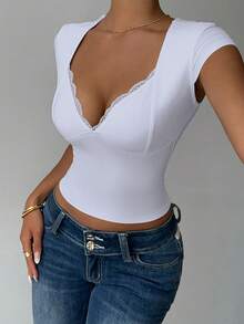 INAWLY Women's Summer Solid Color Contrast Lace Fitted Cropped T-Shirt