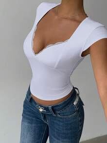 INAWLY Women's Summer Solid Color Contrast Lace Fitted Cropped T-Shirt