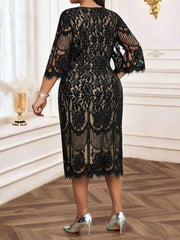 Elegantna crna midi haljina od čipke za žene, plus size, sa 3/4 rukavima