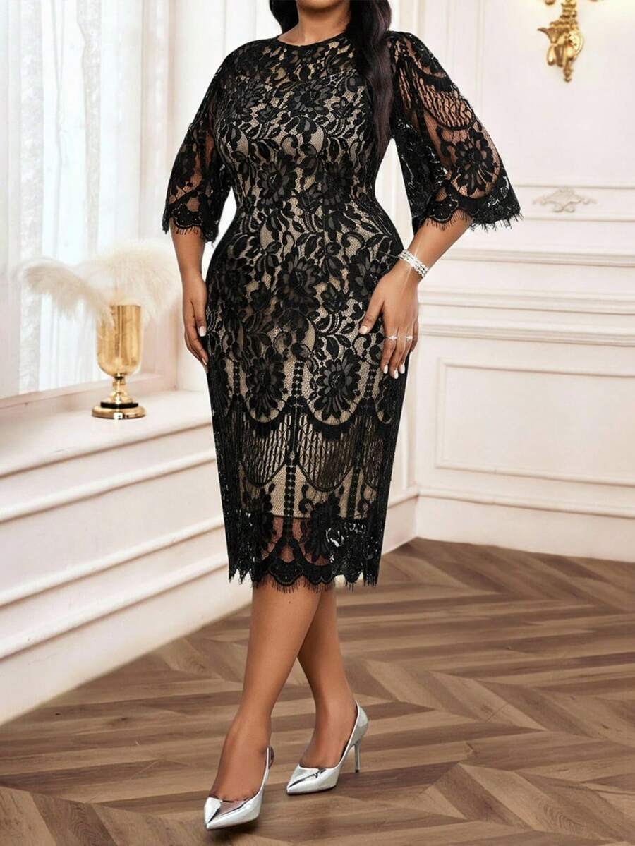 Elegantna crna midi haljina od čipke za žene, plus size, sa 3/4 rukavima
