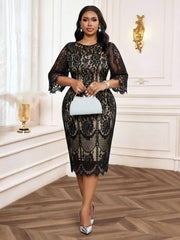 Elegantna crna midi haljina od čipke za žene, plus size, sa 3/4 rukavima