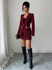 Ženski  jesen/zima moderan elegantni crveni tvid kostim sa šljokicama, set od 2 komada