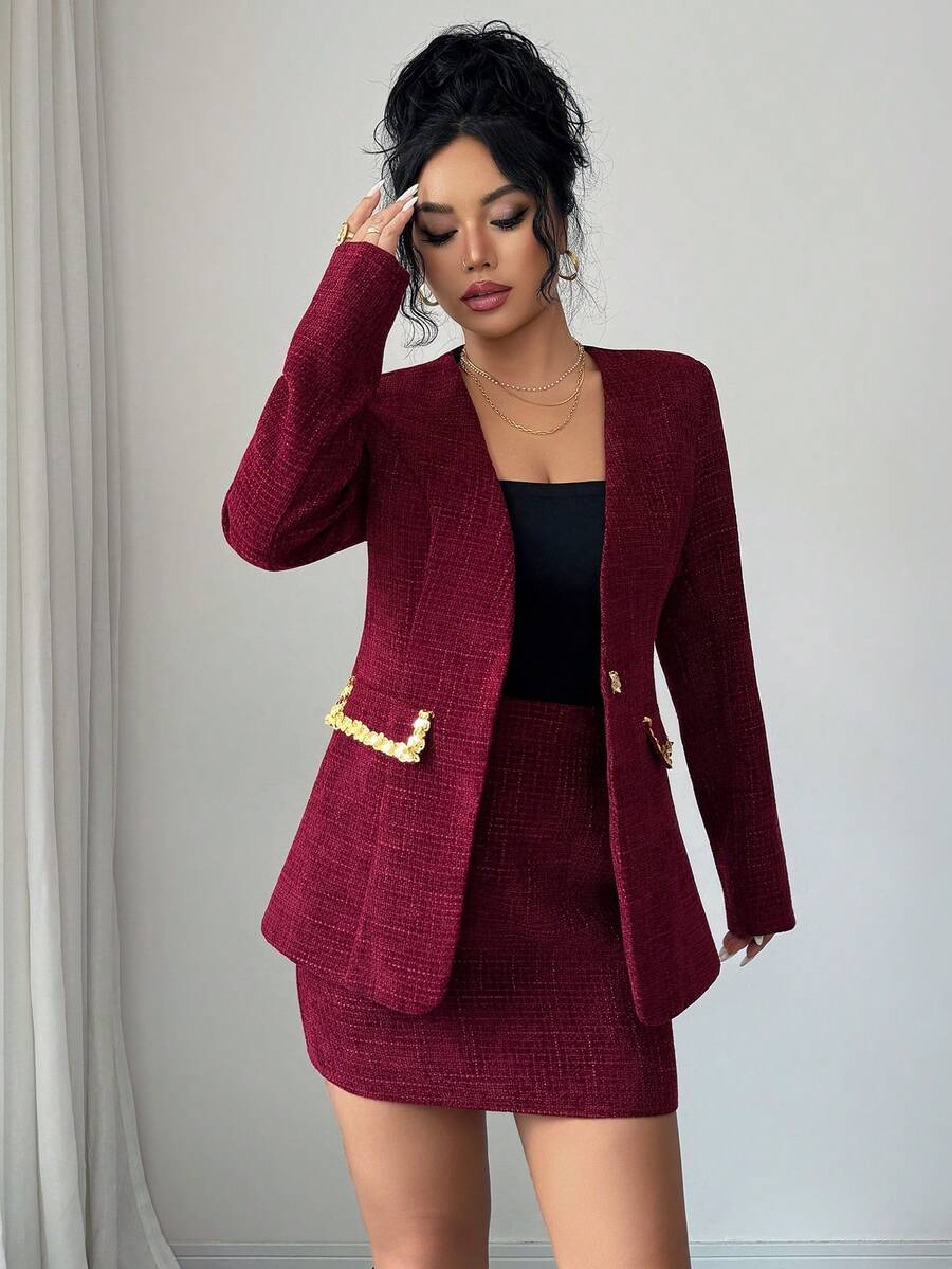 Ženski  jesen/zima moderan elegantni crveni tvid kostim sa šljokicama, set od 2 komada