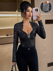 SHEIN Elenzya Women's Elegant Party Spotlight Rhinestone Flower Shell Collar Slim Fit Long Sleeve T-Shirt