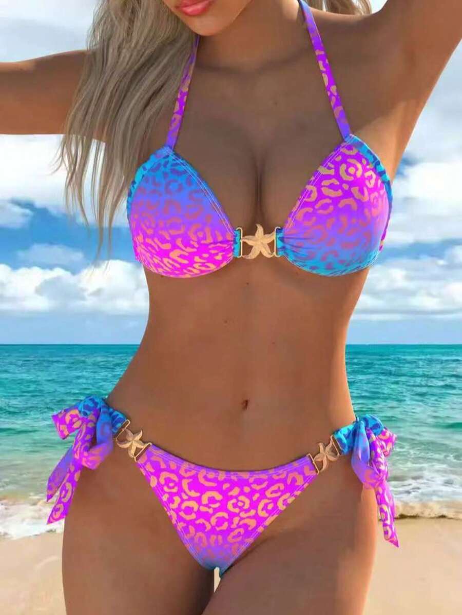 Ženski modni dvodelni bikini set, dekoracija zvezdica i leopard print, visoka elastičnost