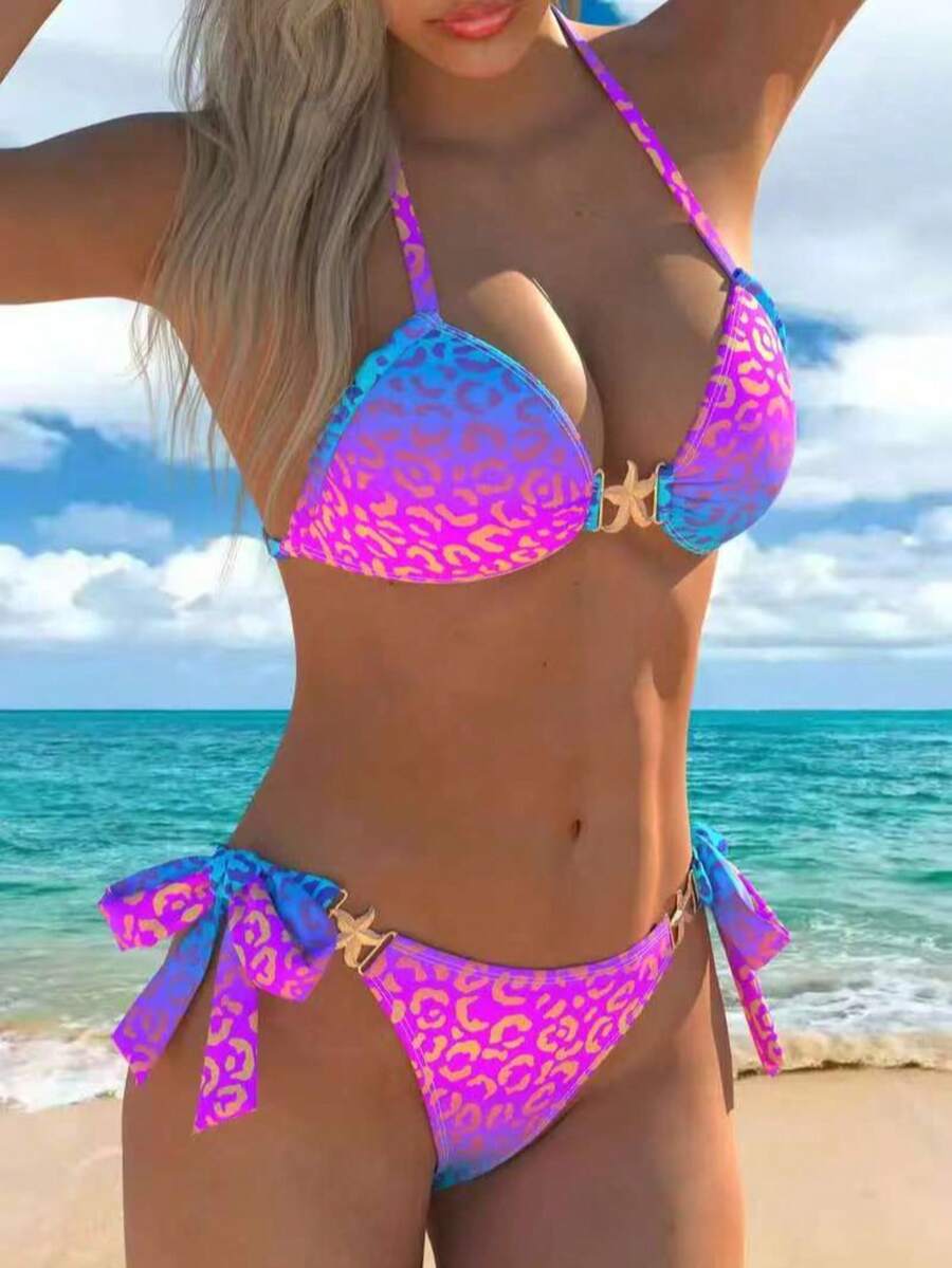Ženski modni dvodelni bikini set, dekoracija zvezdica i leopard print, visoka elastičnost