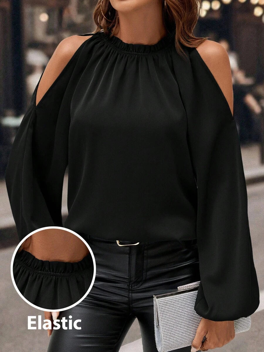 Editum 1pc Women's Open Shoulder Blouse, Elegant Ruched Long Sleeve Black